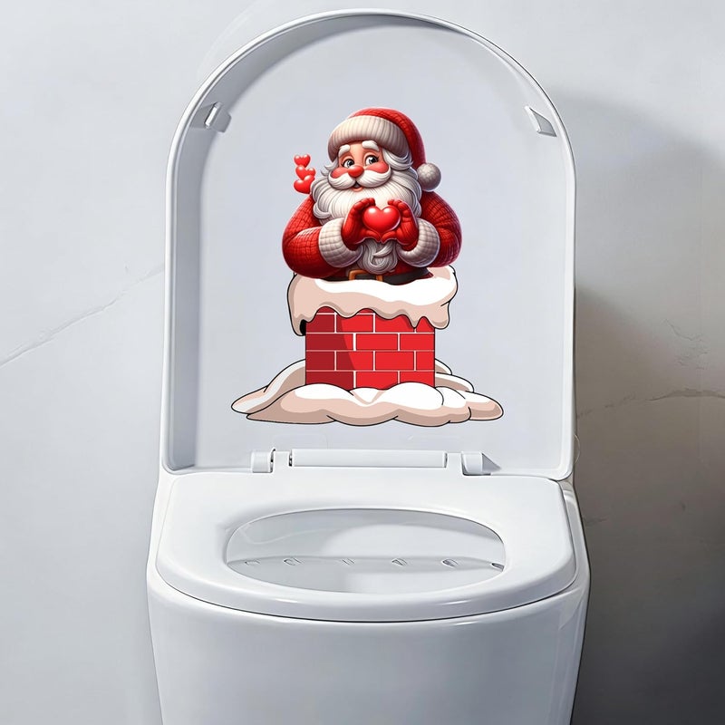 Iprokiu Christmas Toilet Sticker Chimney Santa Claus Reindeer Elf Toilet Seat Cover Decal Home Decor Waterproof Christmas Wall Sticker Elk Toilet Seat Lid Decal (Heart Santa Claus) - Image 1
